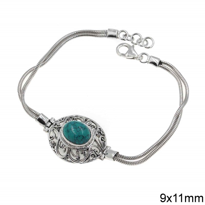 Silver 925 Bracelet with Double Chain 1.5mm and Oval Semi Precious Stone 9x11mm