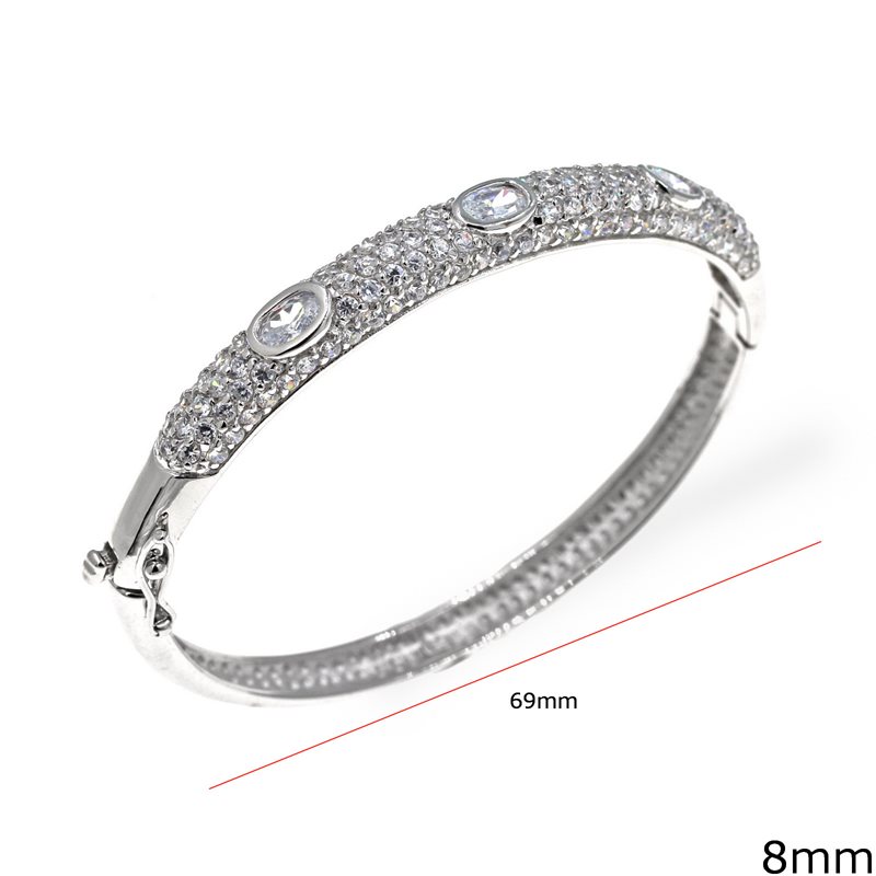 Silver 925 Bold Cuff Bracelet with zircon 8mm 