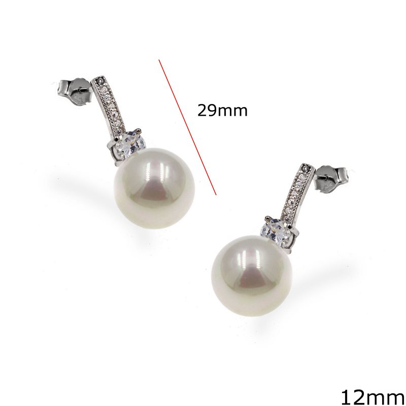 Silver 925 Earrings Freshwater Pearl 12mm & Zircon