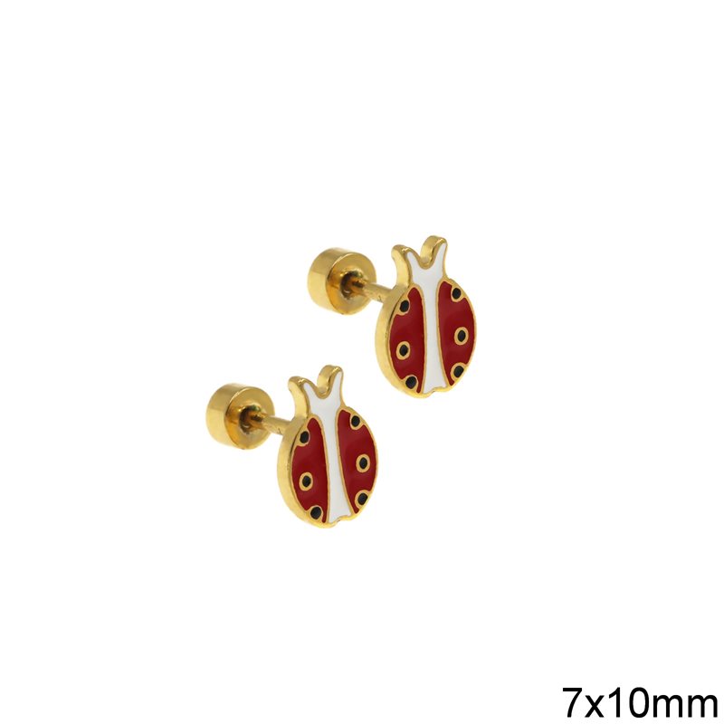 Stainless Steel Barbell Earrings Ladybug 7x10mm