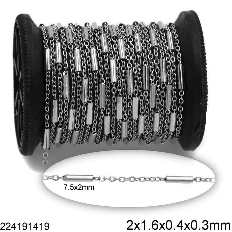 Stainless Steel Oval Link Chain Flat Wire 2x1.6x0.4x0.3mm with Tube Bar 7.5x2mm