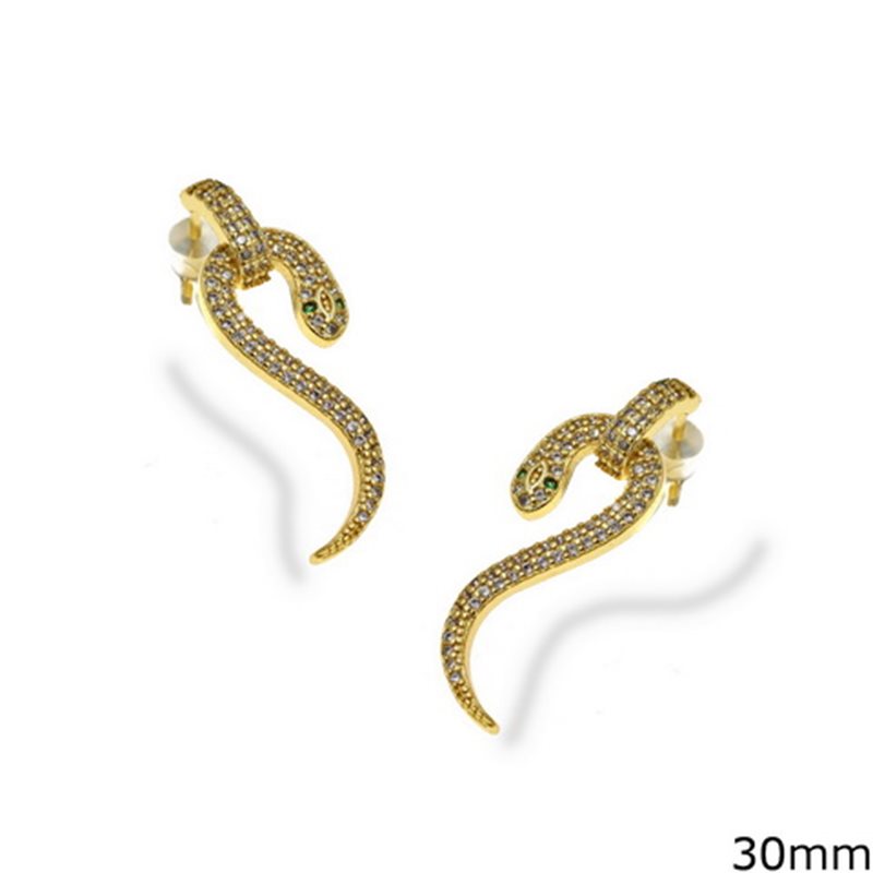 Brass Earrings Hanging Snake with Zircon 30mm
