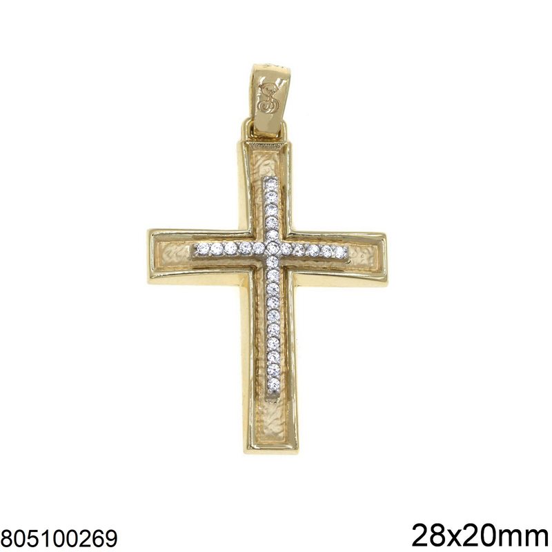 Gold Pendant Cross Textured with Zircon 28x20mm K14 2.82gr