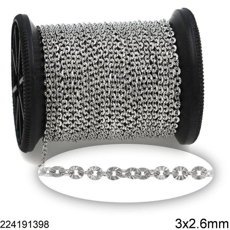 Stainless Steel Oval Textured Link Chain Flat Wire Soldered 3x2.6mm 
