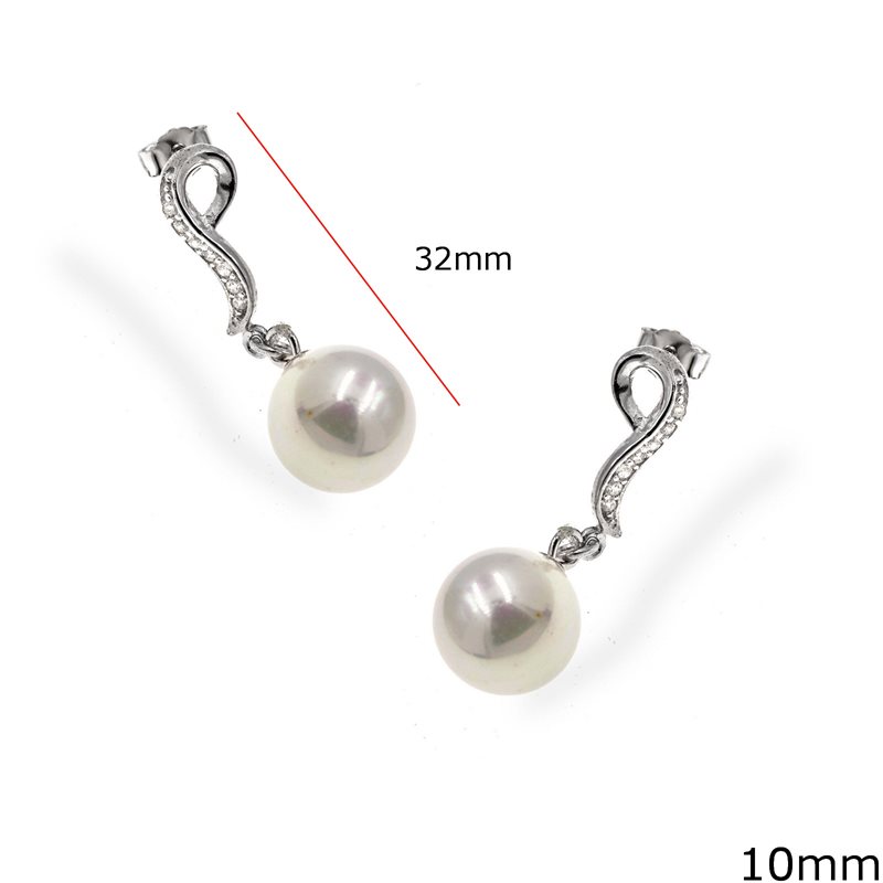 Silver 925 Earrings Freshwater Pearl 10mm & Zircon 