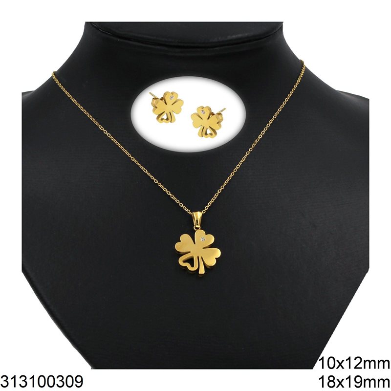 Stainless Steel Set of Necklace 18x19mm and Earrings 4 Leaf Clover 10x12mm