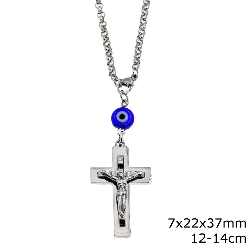 Stainless Steel Car Amulet Cross with Jesus Christ 7x22x37mm and Evil Eye,12-14cm