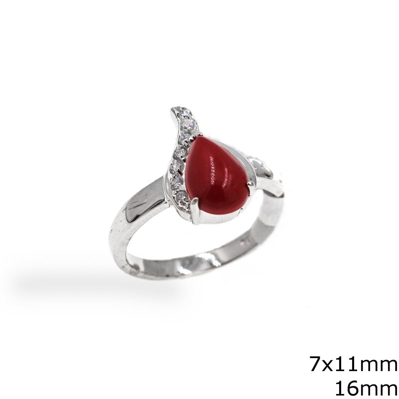 Silver  925 Pearshaped Ring with Coral & Zircon 