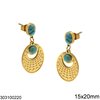 Stainless Steel Stud Earrings with Oval Turquoise Stone 6x8mm and Hanging Oval Motif 15x20mm, Gold
