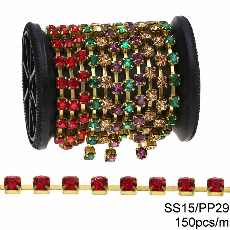 Brass Single-Stranded Cup Chain SS15/PP29 with Glass Stones 150pcs/m Grade 1