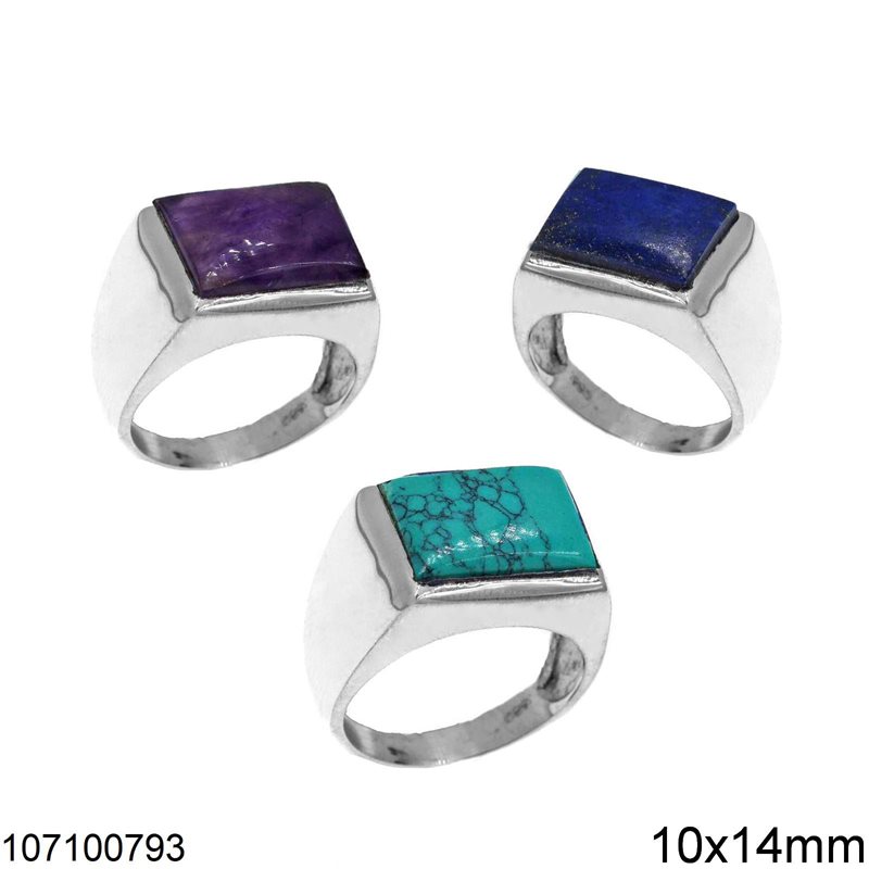 Silver 925 Male Ring with Semi Precious Stones 10x14mm