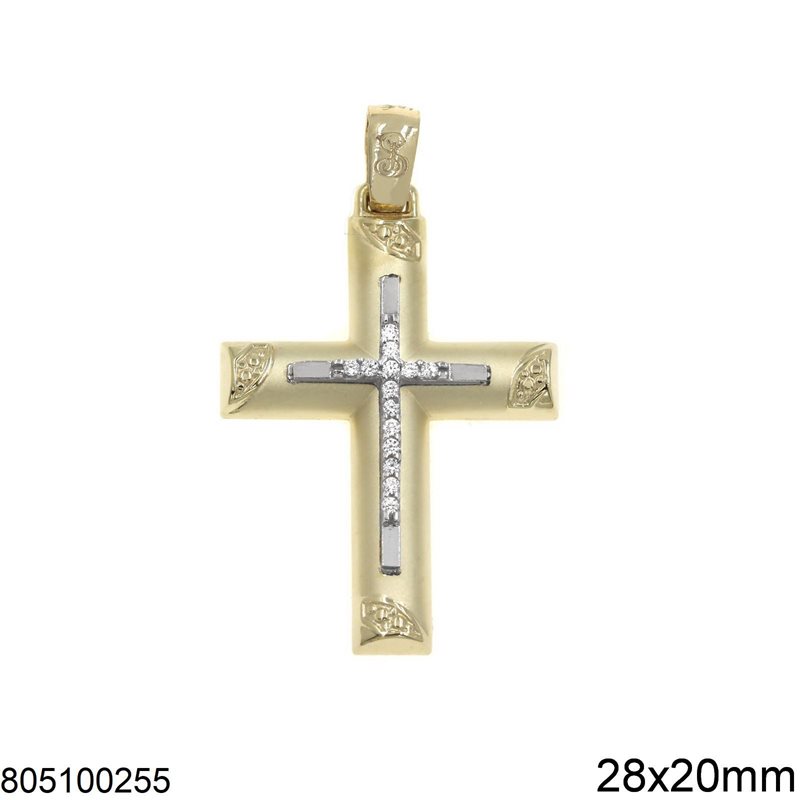 Μενταγιόν Χρυσό Σταυρός Σατινέ με Ζιργκόν 28x20mm K14 2.72γρ