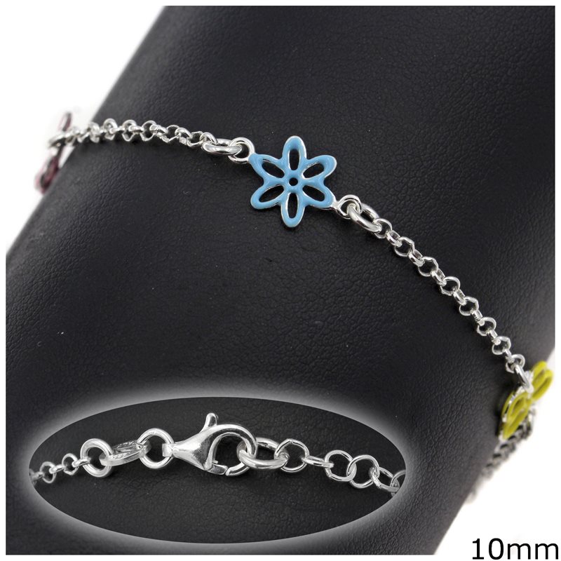 Silver 925 Bracelet with Enameled Daisies 10mm