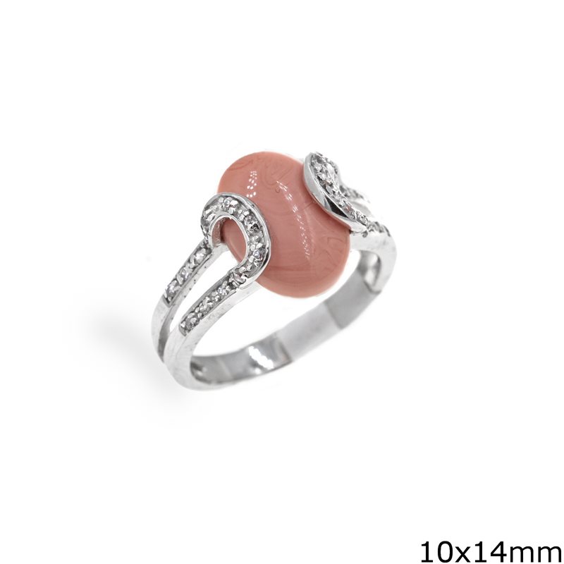 Silver  925  Ring with Coral & Zircon 10x14mm