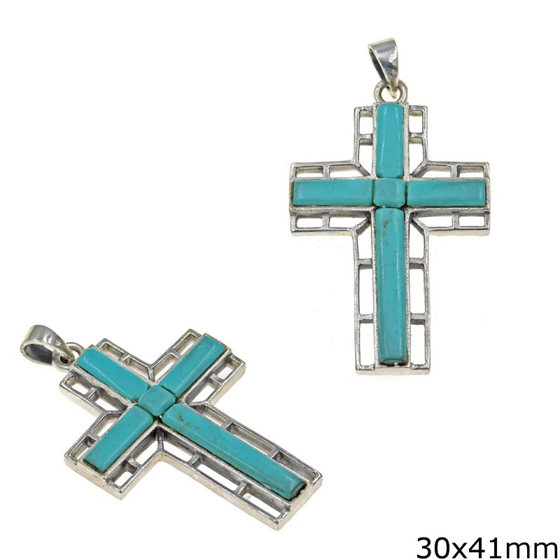 Silver 925 Pendant Cross with Semi-Precious stone 30x41mm