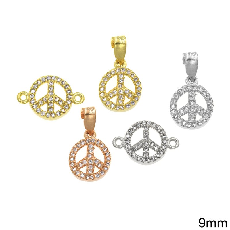 Silver 925 Pendant & Spacer Peace Sign with Zircon 9mm