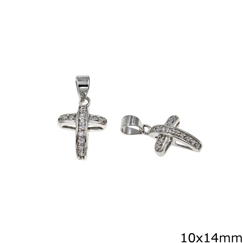 Silver 925 Curved Pendant Cross with Zircon 10x14mm