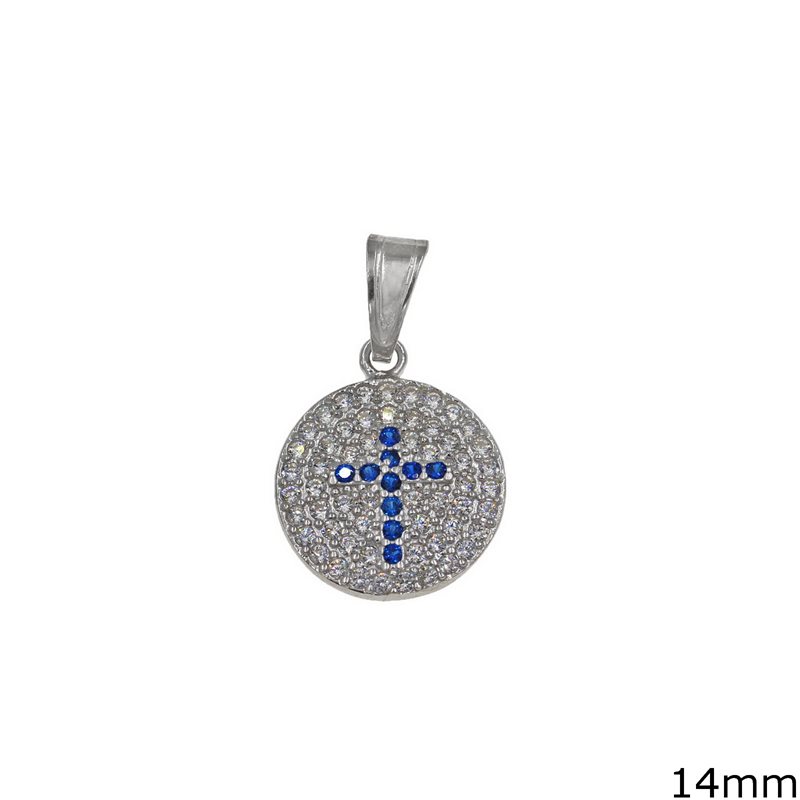 Silver 925 Round Pendant with Cross and zircon 14mm 