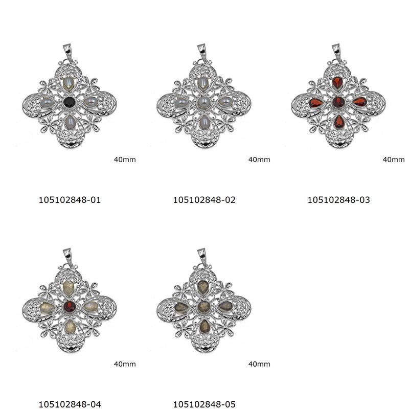 Silver 925 Pendant Cross with Semi Precious Stones 