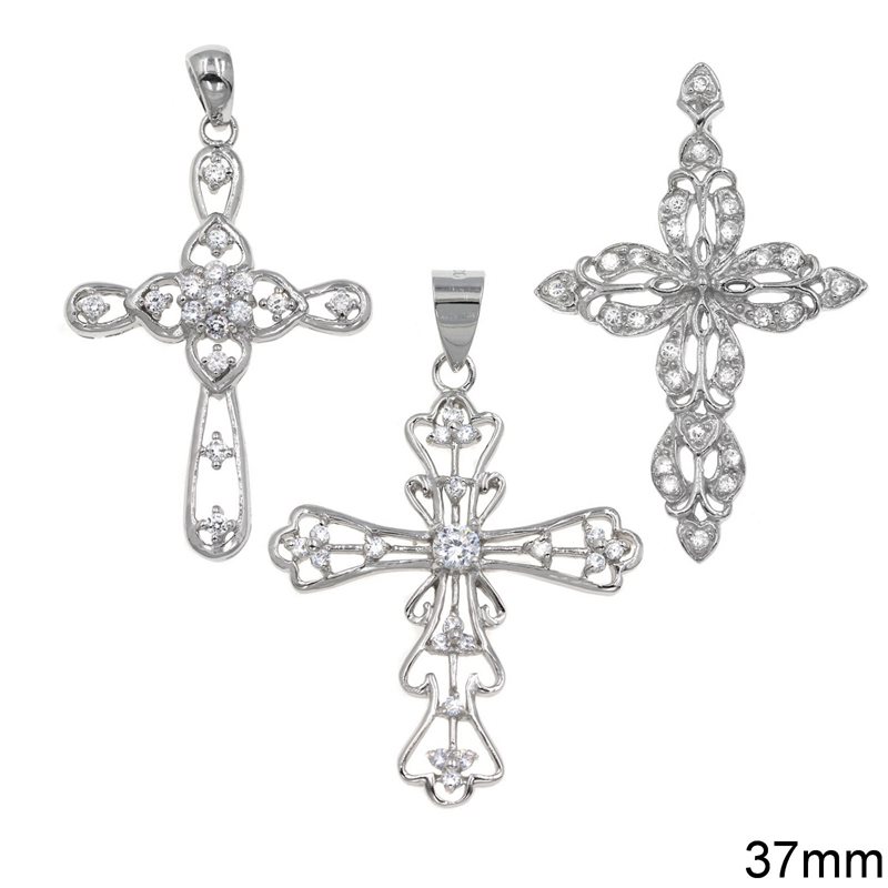 Silver 925 Pendant Cross with Zircon 37mm