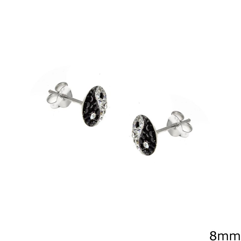 Silver 925 Flat Earrings Yin Yang with Rhinestones 8mm