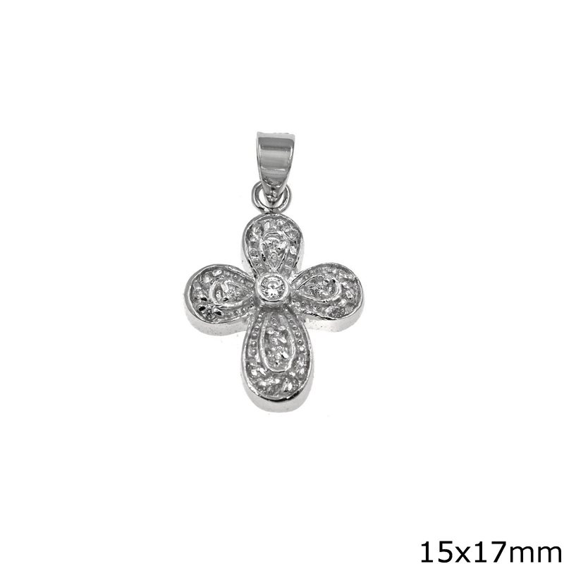 Silver 925 Pendant Cross with Oval Edges and Zircon 15x17mm