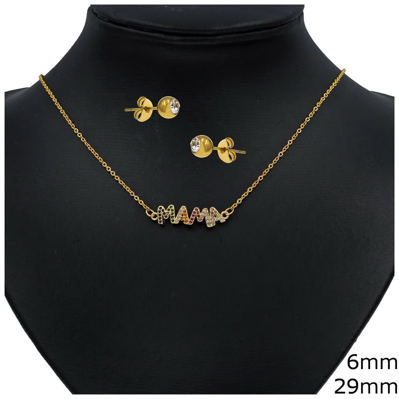 Metallic Set of Necklace "MAMA" with multi color stones and Earrings 9mm 