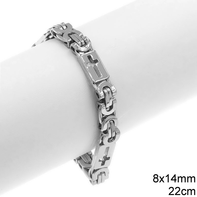 Stainless Steel Bracelet Flat Byzantine Chain with Cross 8x14mm