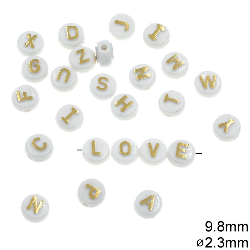 Plastic Bead with Gold Color Letter 9.8mm and 2.3mm hole WHITE