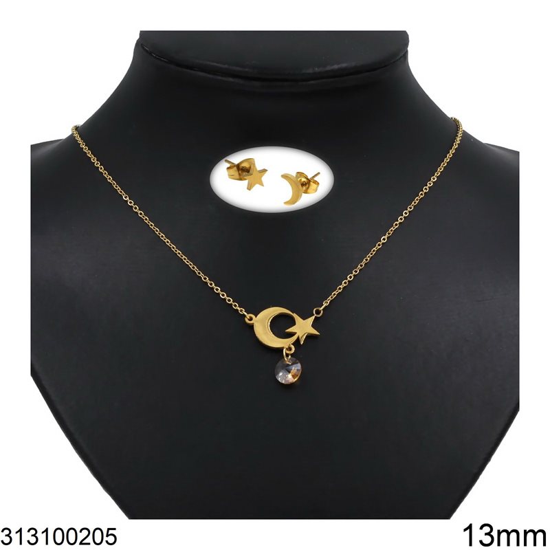 Stainless Steel Set of Necklace Cresent with Star 13mm & Earrings Star 6-8mm