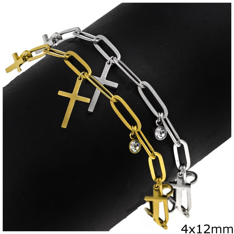 Stainless Steel Bracelet Cross 4x12mm with Oval Hoop Chain and Zircon 