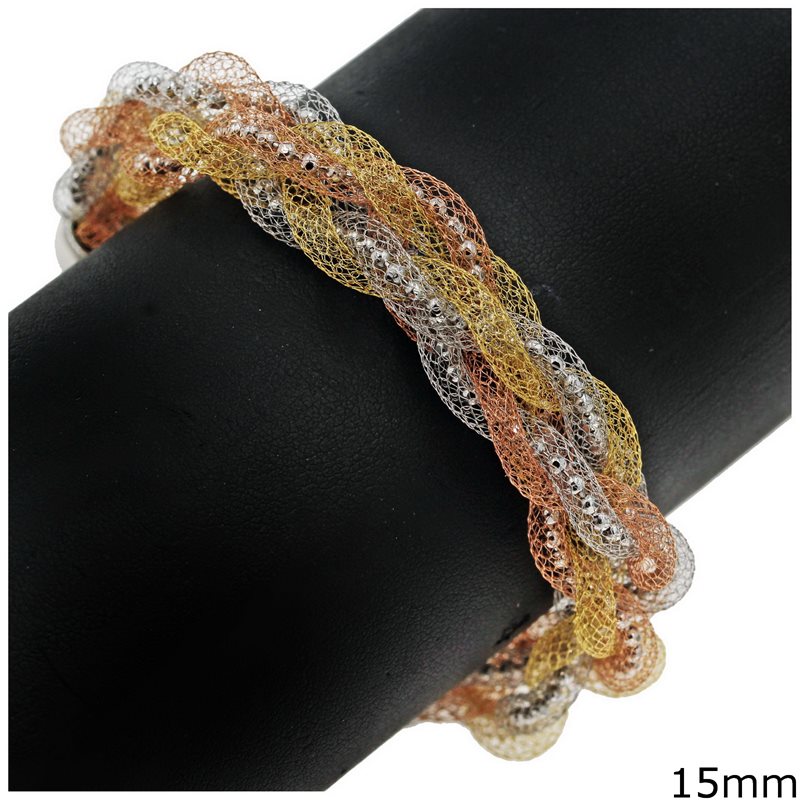 Silver 925 Braided Bracelet Net Three Tone Color 15mm