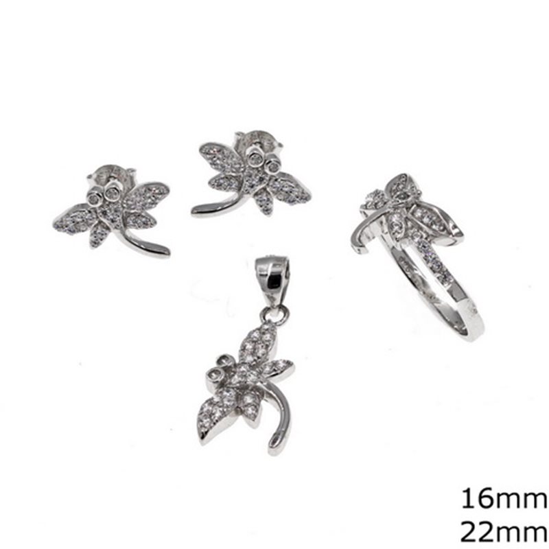 Silver 925 Set of Pendant 22mm, Earrings 16mm and Ring Dragonfly with Zircon 