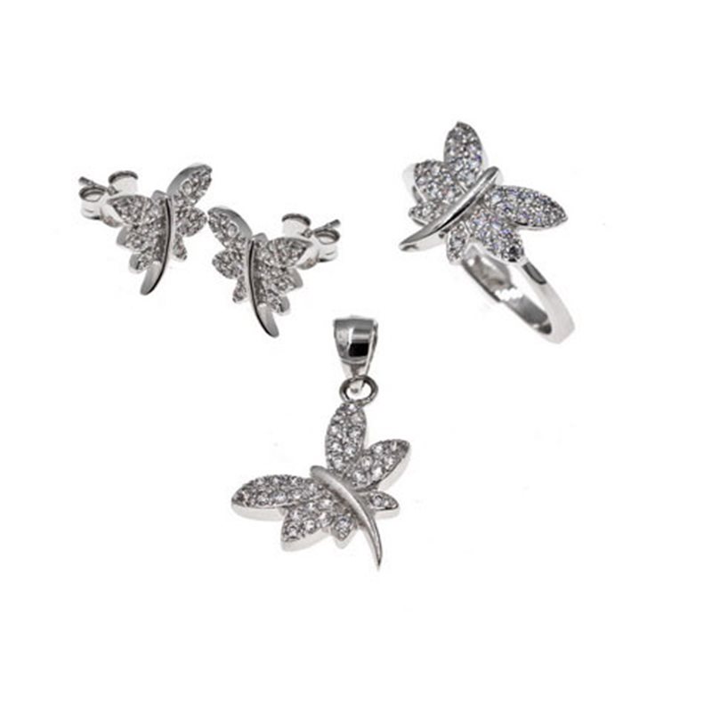 Silver 925 Set of Pendant , Earrings and Ring Buterfly and Dragonfly with Zircon 