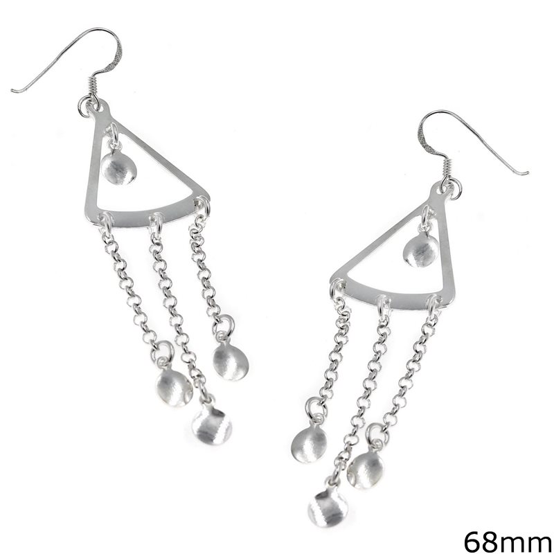 Silver 925 Triangle Earrings with Hanging Coins 68mm