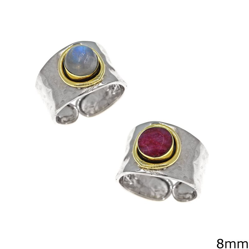 Silver  925 Openable Hammered Ring with Semi Precious Stone 6-8mm