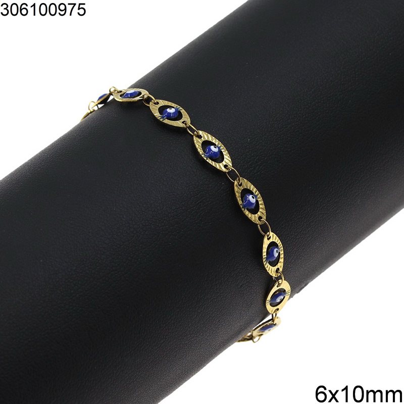 Stainless Steel Bracelet Enameled Evil Eye 6x10mm, Gold