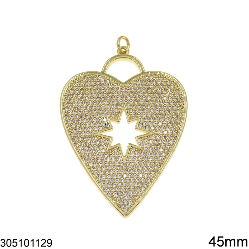 Brass Pendant Heart with Star and Zircon 45mm, Gold Plated
