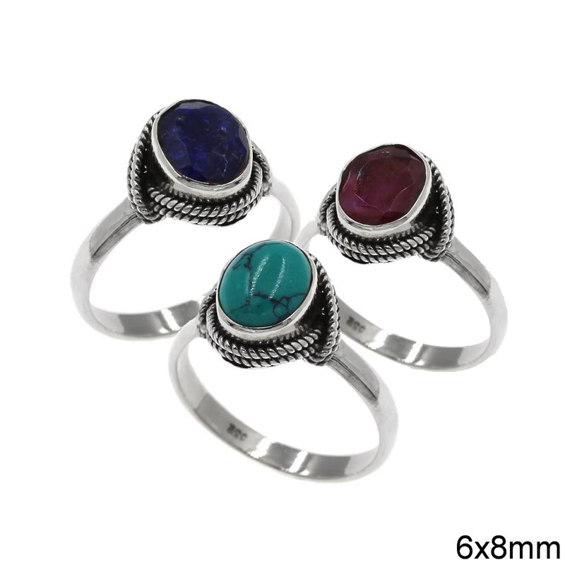 Silver 925 Ring with Oval Semi Precious Stone 6x8mm