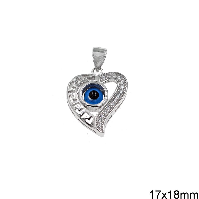 Silver 925 Pendant Heart with Meander, Evil Eye and Zircon 17x18mm