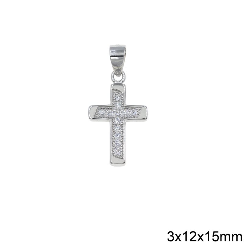 Silver 925 Pendant Cross with Zircon and Lustre Edges 3x12x15mm