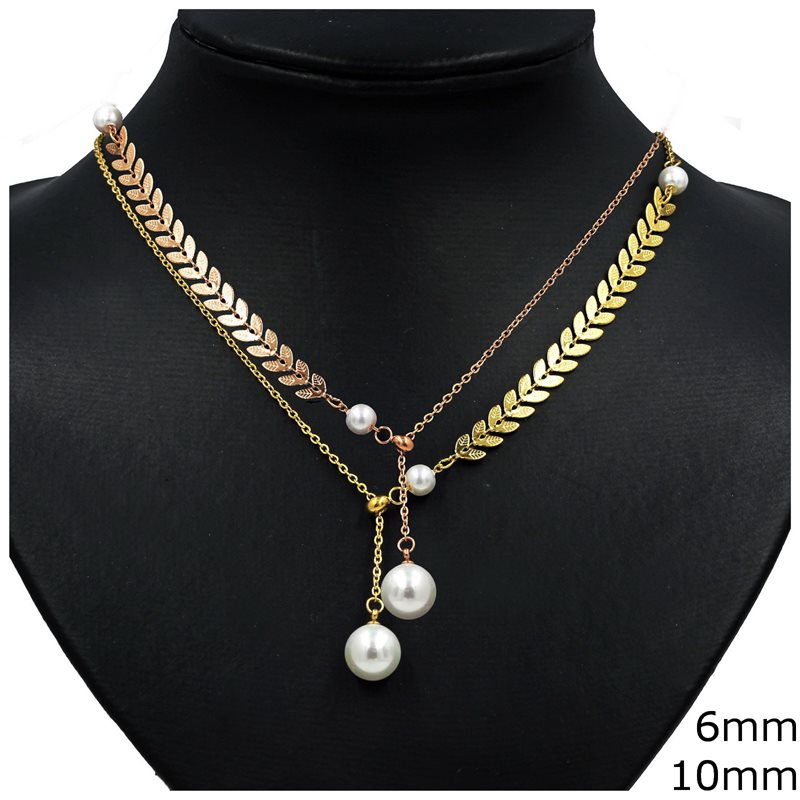 Stainless Steel Necklace with Leaf Chain and Pearls 6&10mm