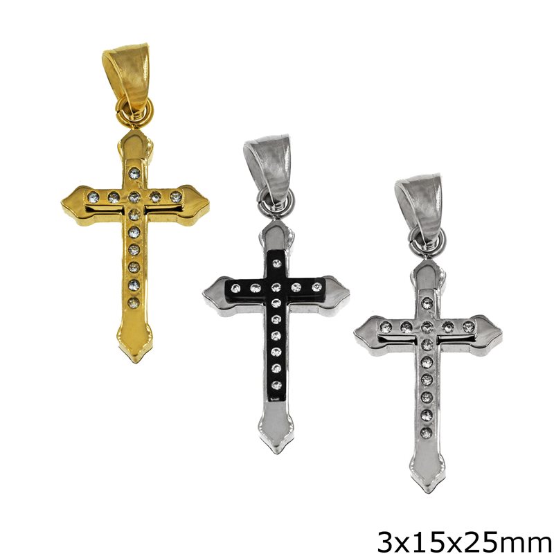 Stainless Steel Pendant Cross with Triangle Edges and Zircon 3x15x25mm 