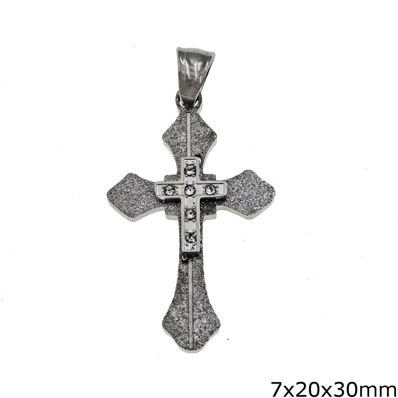 Stainless Steel Pendant Cross with Satin Finksh Edges and Stones 7x20x30mm