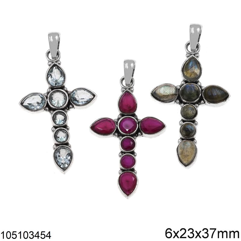 Silver 925 Pendant Cross with Semi Precious Stones 6x23x37mm