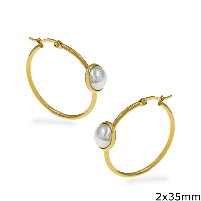 Stainless Steel Hoop Earrings 2x35mm with Pearl 10mm