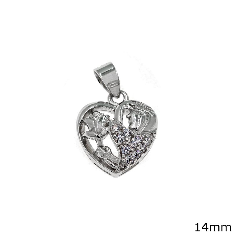 Silver 925 Pendant Heart Rose with Zircon 14mm