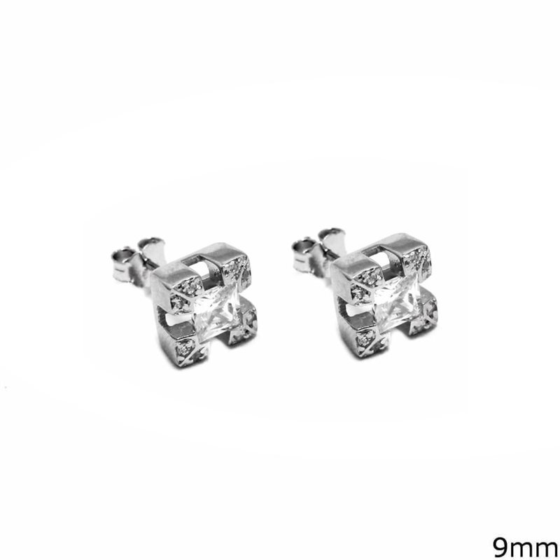 Silver 925 Square Earrings with Rosette and Zircon 9mm