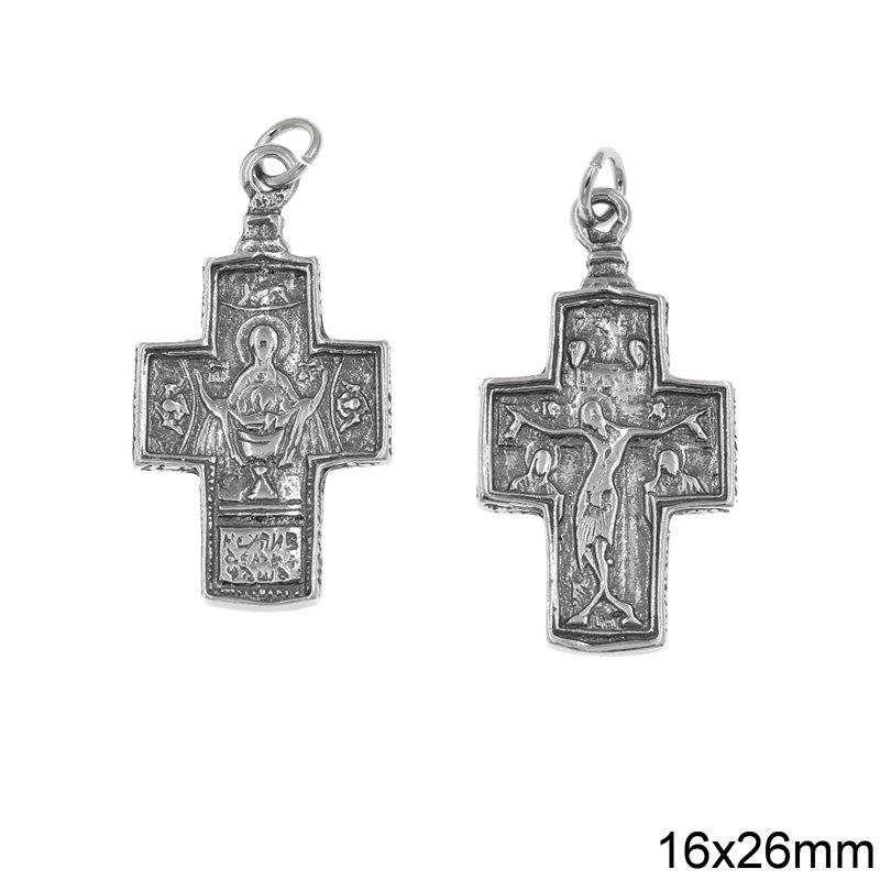 Silver 925 Pendant Two Sided Cross Holy Mary & Jesus Christ 16x26mm