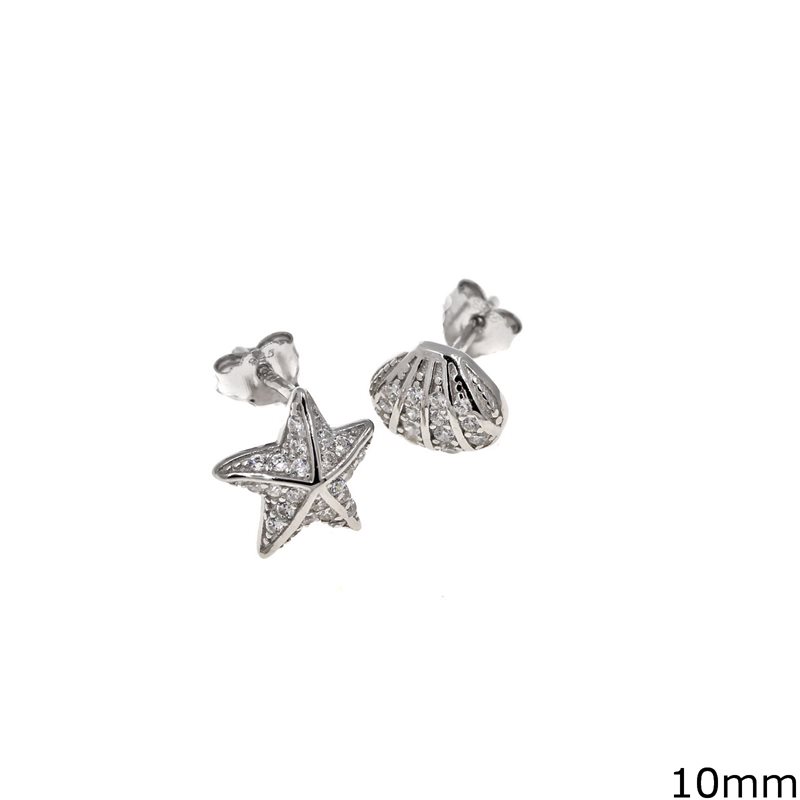 Silver 925 Earrings Starfish and Seashell 10mm